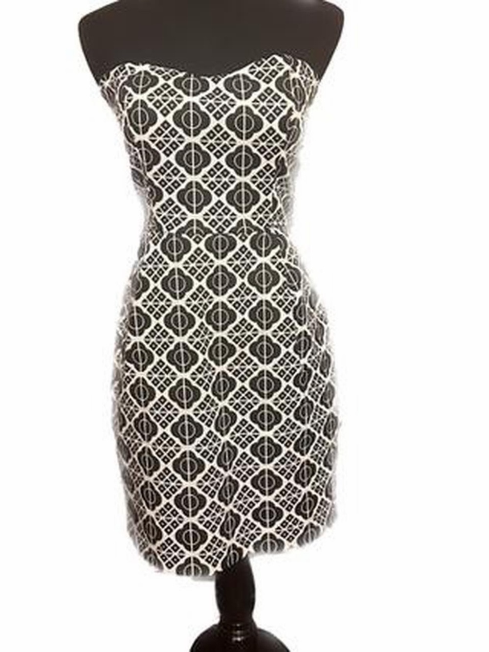 Strapless Black and White Geometric Sheath Dress